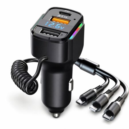 Car Charger Mobil 6-in-1 65W Quick Charge PD PPS Built-in Coil Cable + LED Voltage Meter + LED Ambience Lighting